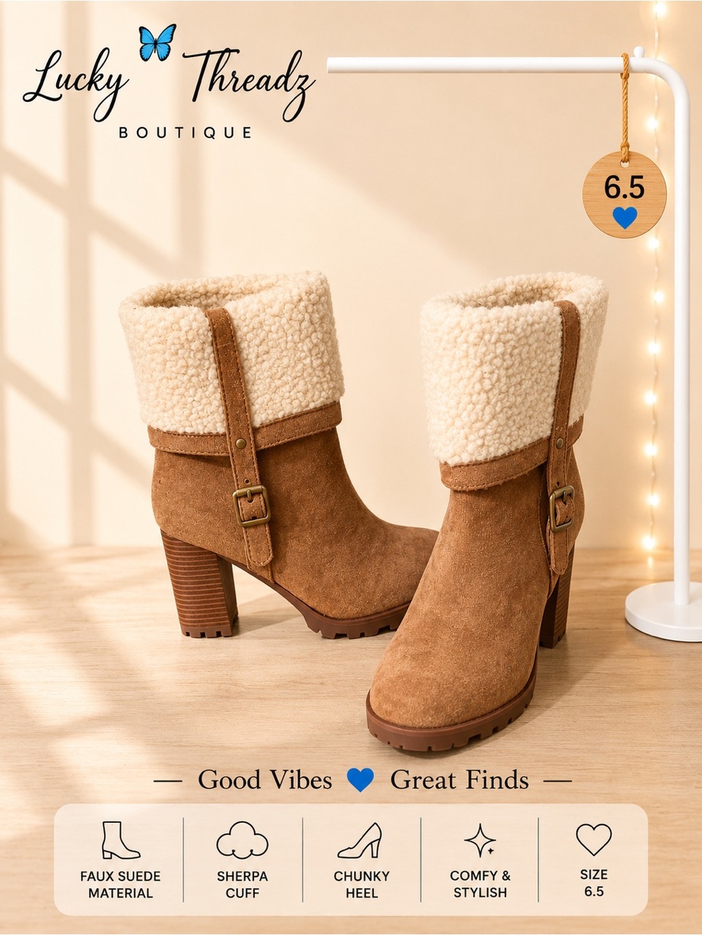 Rouge Tan Suede Sherpa Cuff Ankle Boots 6.5 NWOB Cozy Buckle Chunky Heel